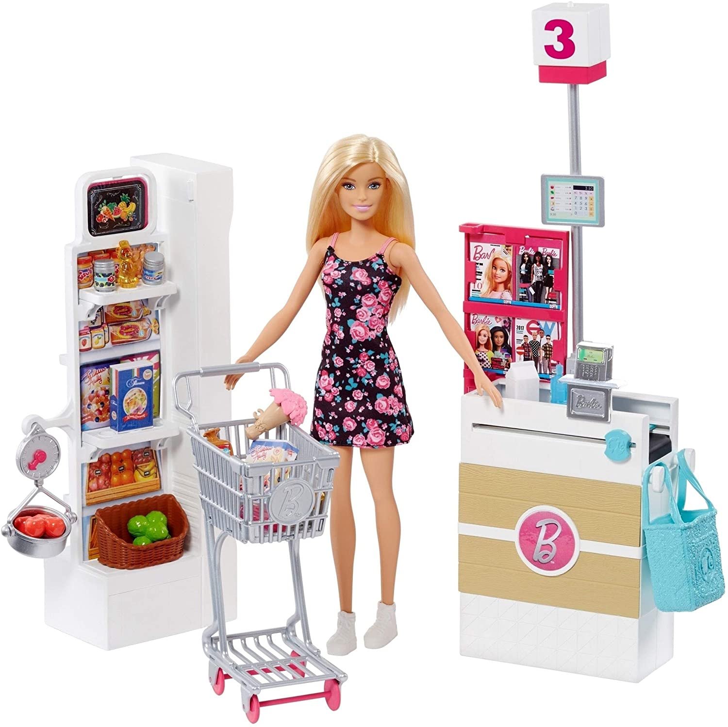 8. Barbie Doll, Blonde, and Grocery Store with Rolling Cart and Working Belt