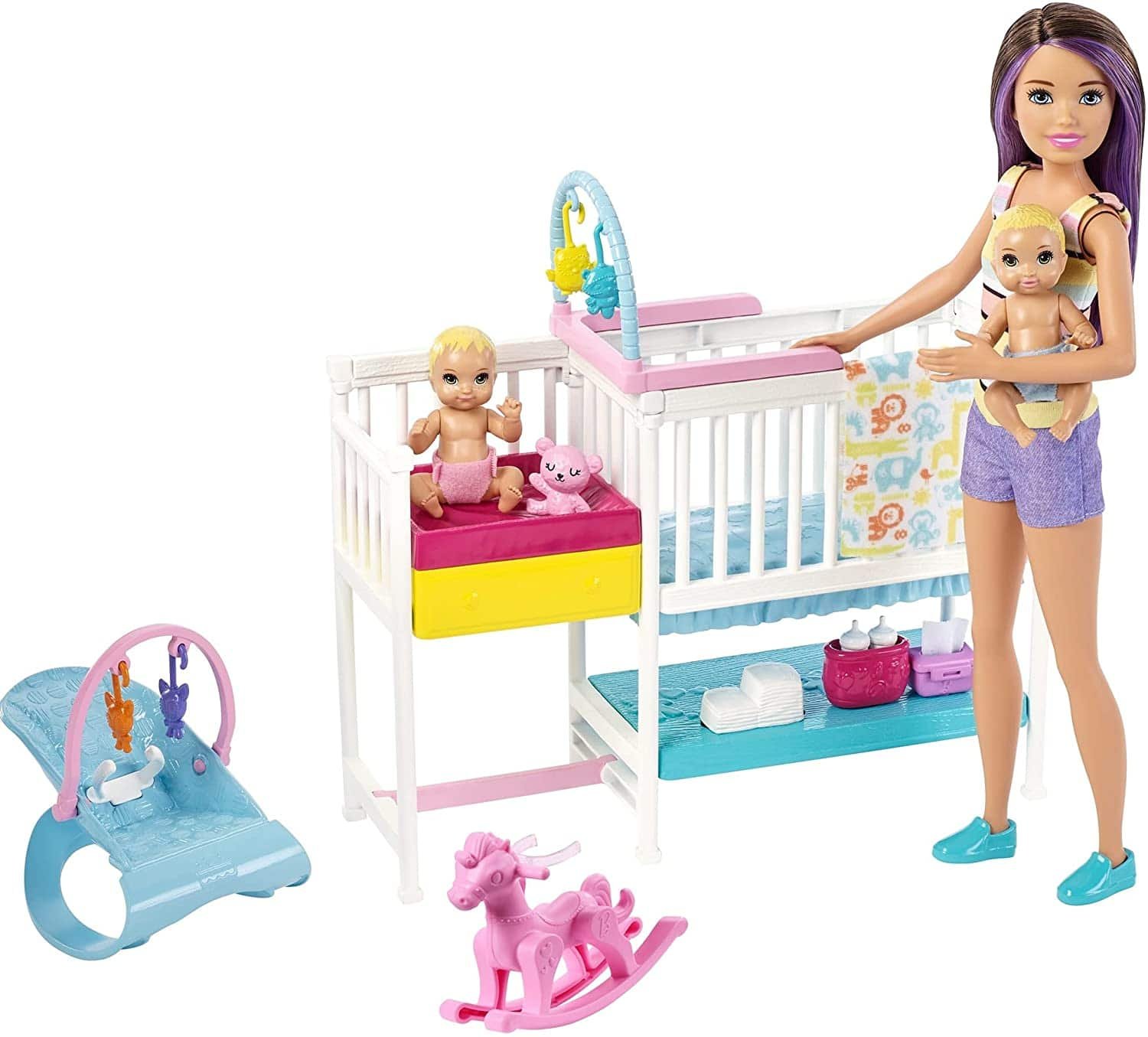 3. Barbie Nursery Playset with Skipper Babysitters Doll